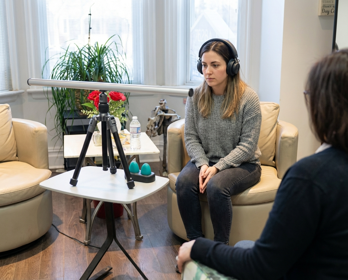 EMDR therapy session using a bilateral stimulation light bar in a counselling office